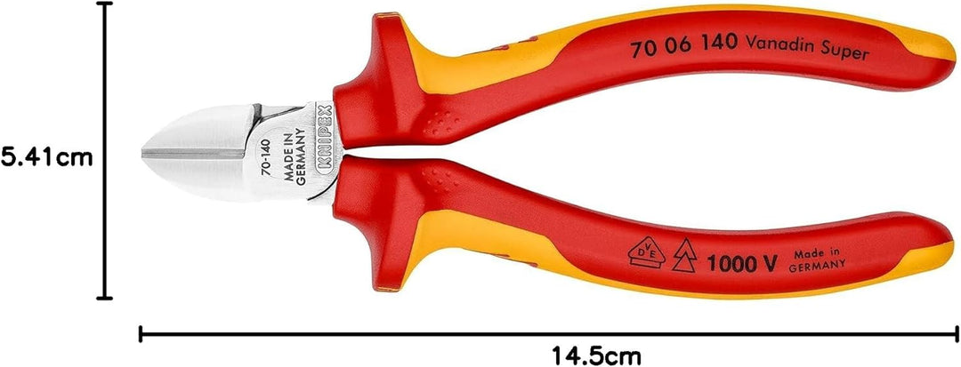 Knipex Seitenschneider verchromt, isoliert mit Mehrkomponenten-Hüllen, VDE-geprüft 140 mm 70 06 140
