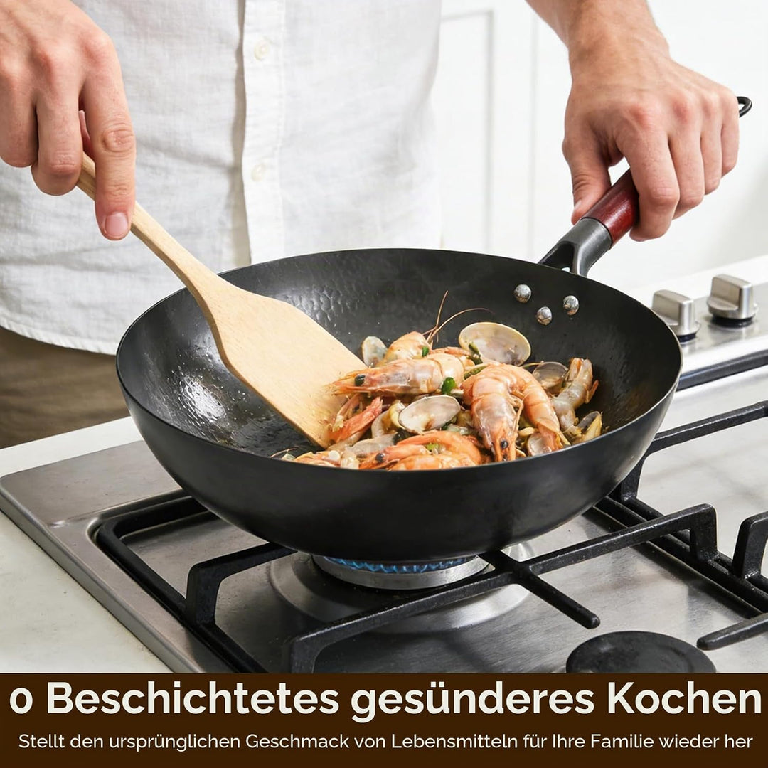 Wok mit Deckel 32 cm, Natürliche Gehämmerten Antihaft Wok aus Kohlenstoffstahl mit Akazienholz Griff