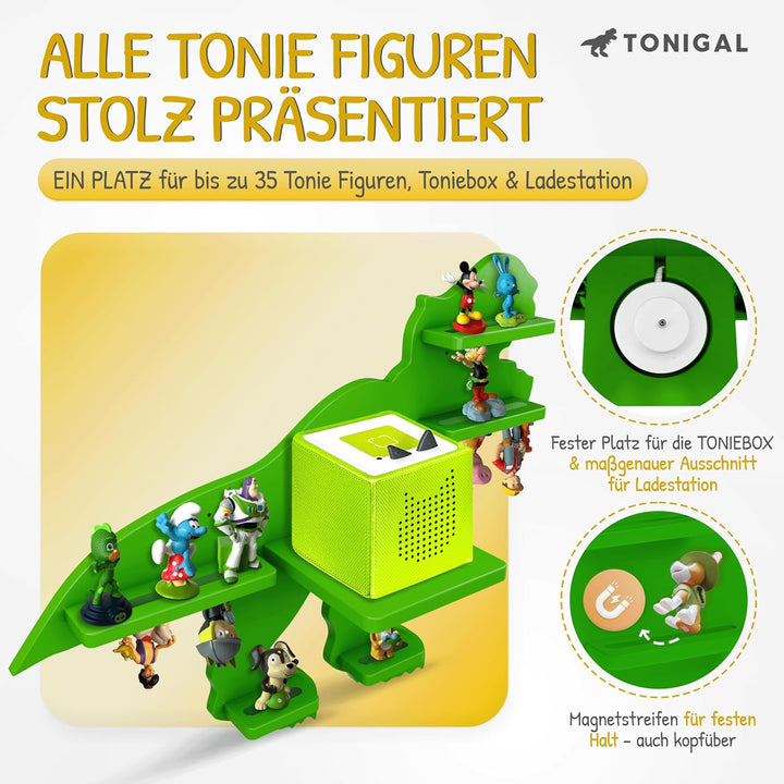 Tonie Regal Dino mit Platz für bis zu 35 Tonie Figuren, Toniebox & Ladestation I Magnetisches Tonieb