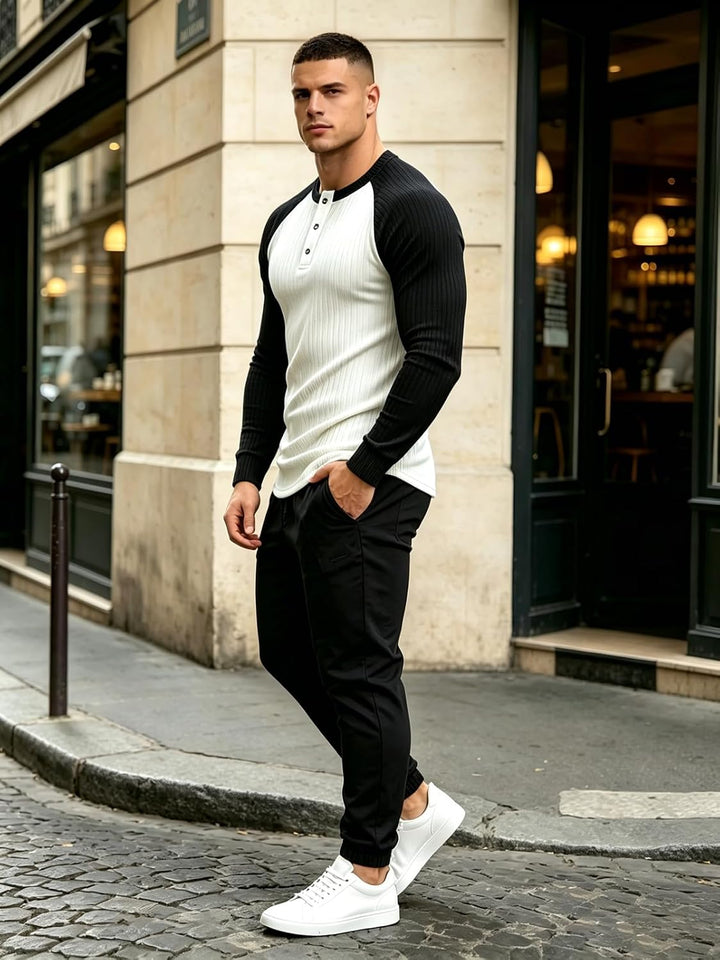 Lehmanlin Langarmshirts, Henley Langarm/Kurzarm Pullover, Slim Fit Sport Muskelshirts S Weiss+schwar