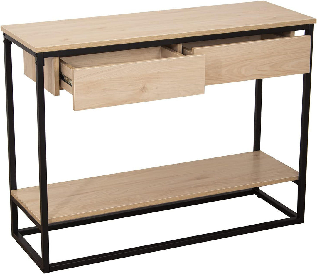 DRW Eingangstisch mit 2 Schubladen aus Metall und MDF in Natur und Schwarz, 100 x 35 x 75 cm, ESTAND
