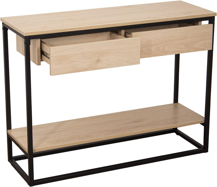 DRW Eingangstisch mit 2 Schubladen aus Metall und MDF in Natur und Schwarz, 100 x 35 x 75 cm, ESTAND