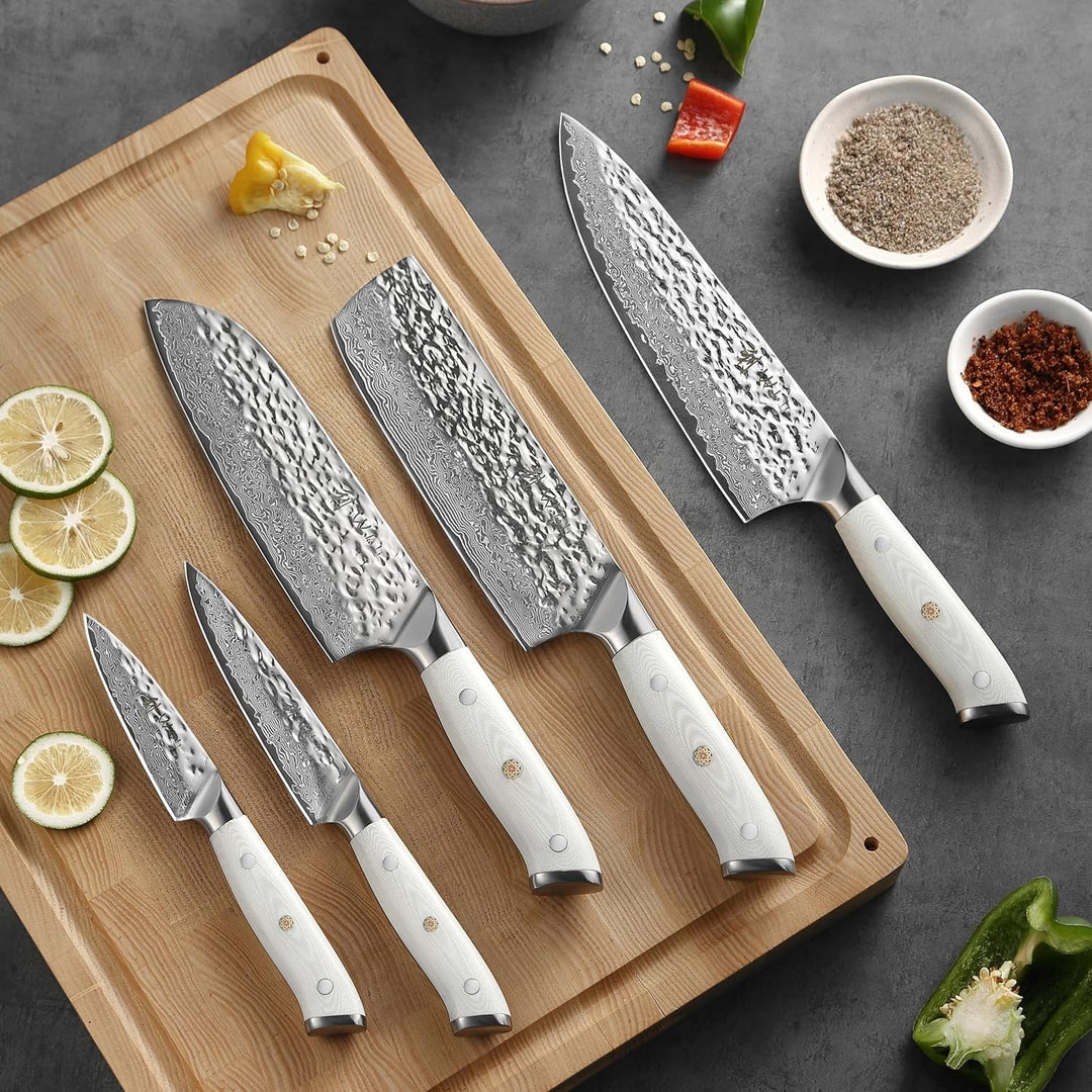 Wakoli Perle Blanche Damastmesser-Set mit Messerblock | 5-teilig, 9–20 cm Klingen aus 67 Lagen Damas