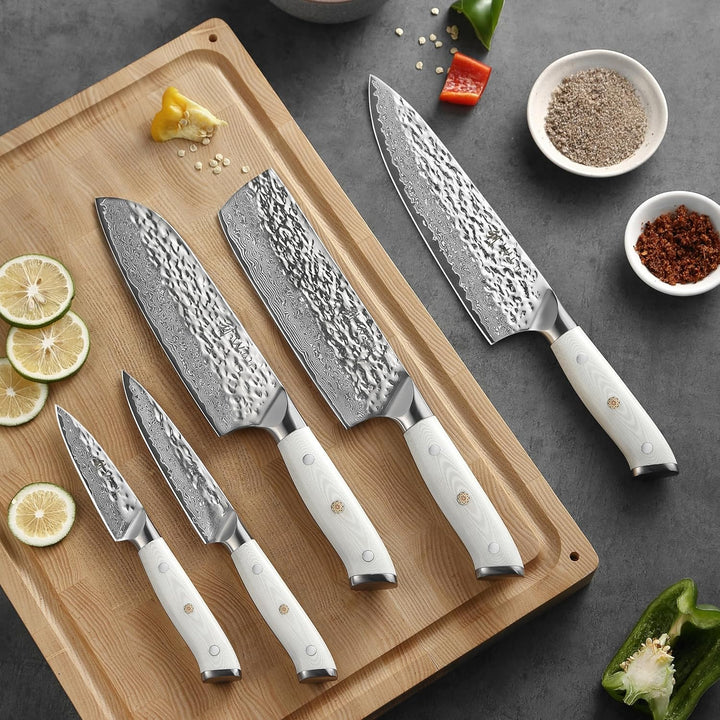 Wakoli Perle Blanche Damastmesser-Set mit Messerblock | 5-teilig, 9–20 cm Klingen aus 67 Lagen Damas
