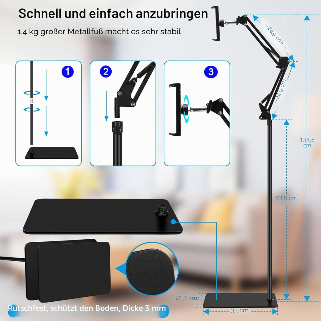 Tablet-Bodenständer, verstellbar, universal, um 360 Grad drehbar, Metall-Tablet-Halterung, Handy-Stä