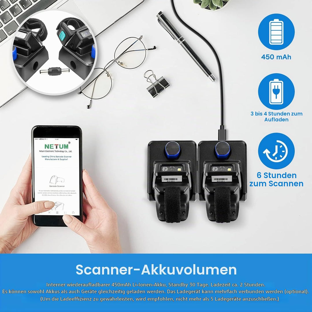 NETUM Mini Wireless 2D Ring Barcode Scanner Bluetooth, tragbarer Barcodeleser mit Ladestation und in