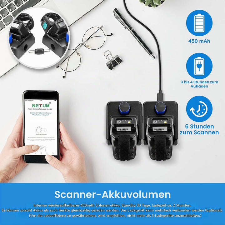 NETUM Mini Wireless 2D Ring Barcode Scanner Bluetooth, tragbarer Barcodeleser mit Ladestation und in