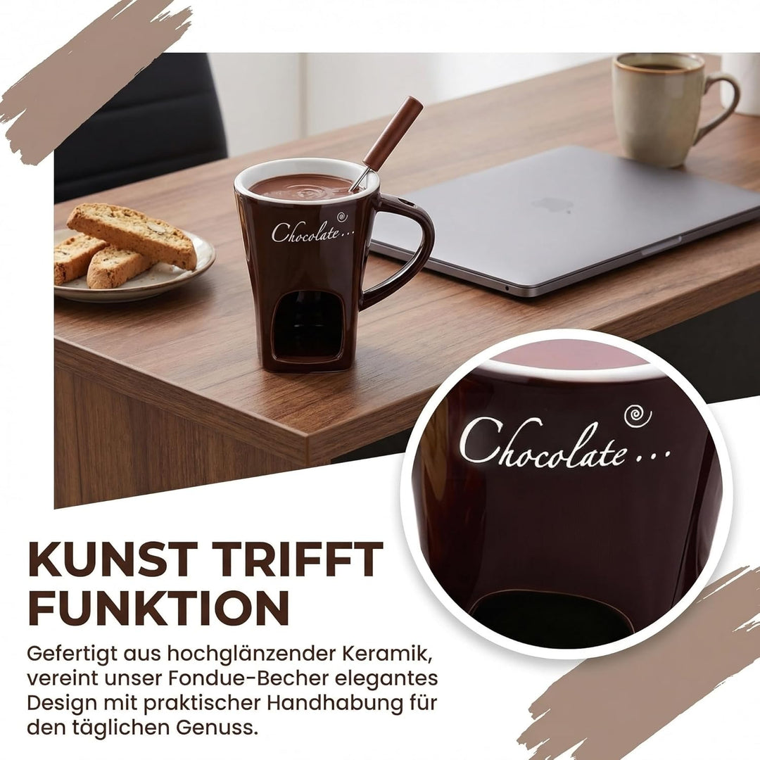 2 Stück Schokofondue Tasse, Käsefondue Set mit Gabel, Keramik Tasse Schoko Fondue, Schokoladenfondue