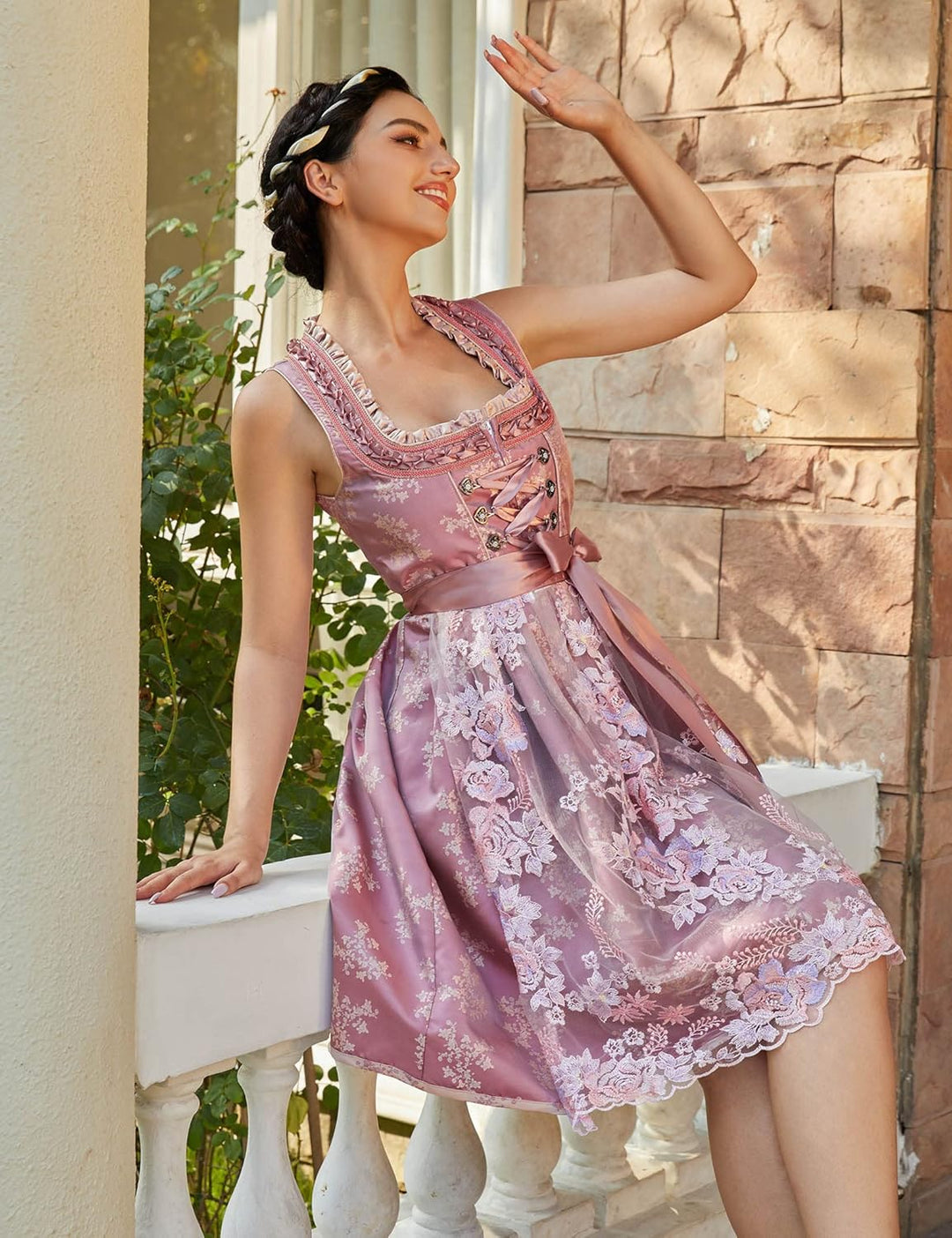 KOJOOIN Trachtenkleid Dirndl Kurz Damen Mid mit Spitzenschürze 2tlg. für Oktoberfest von Gr 34 bis 4