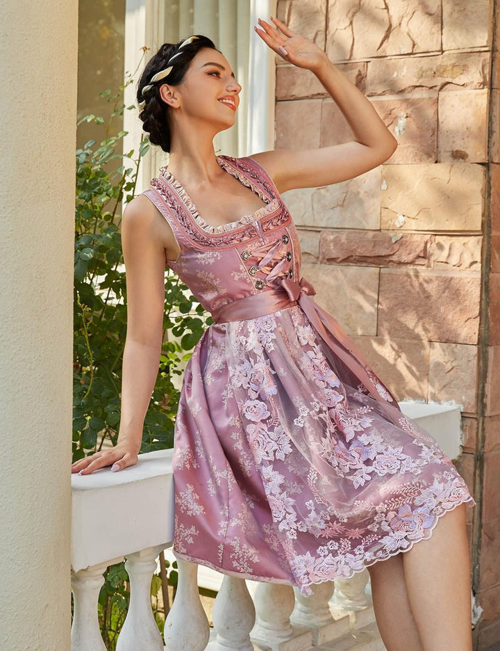 KOJOOIN Trachtenkleid Dirndl Kurz Damen Mid mit Spitzenschürze 2tlg. für Oktoberfest von Gr 34 bis 4