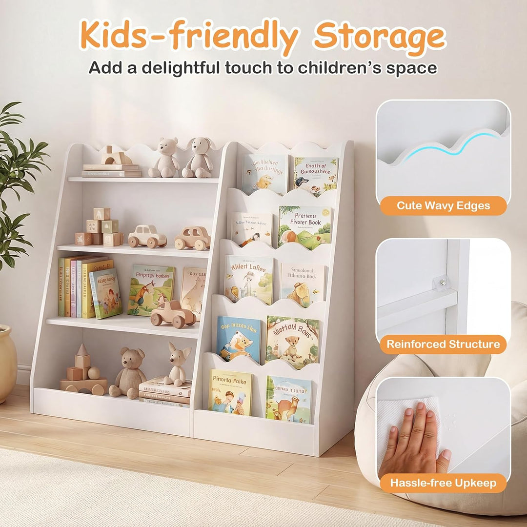 COSTWAY Kinder Bücherregal aus Holz, 5 stufiges Kinderregal mit 4 offenen Ablagen & versteckem Ablag