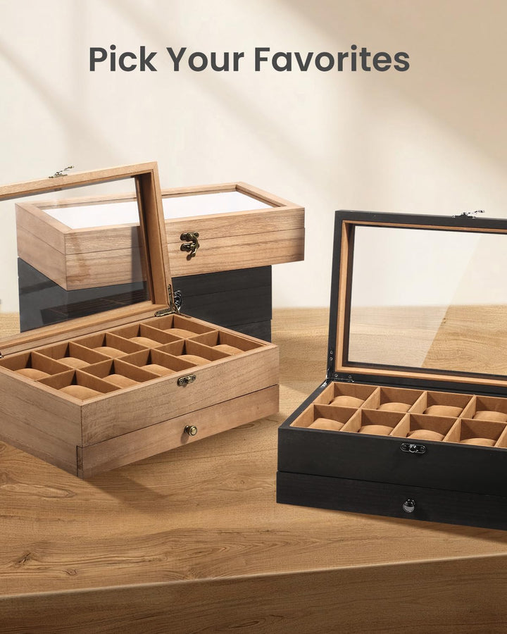 Uten Uhrenbox mit 10 Fächern, 2 Ebenen Uhrenkasten aus Massivholz mit Glasdeckel, Uhrenkissen Seiden