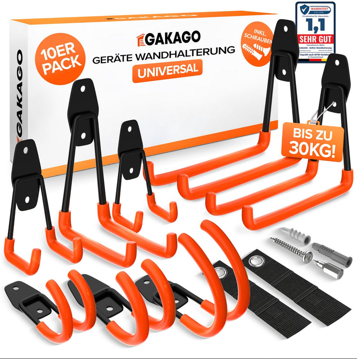 Gakago Gerätehalter Wandhalterung – 10er Garagenhaken Set inkl. Dübel, Schrauben &amp; Anleitung – Werkz