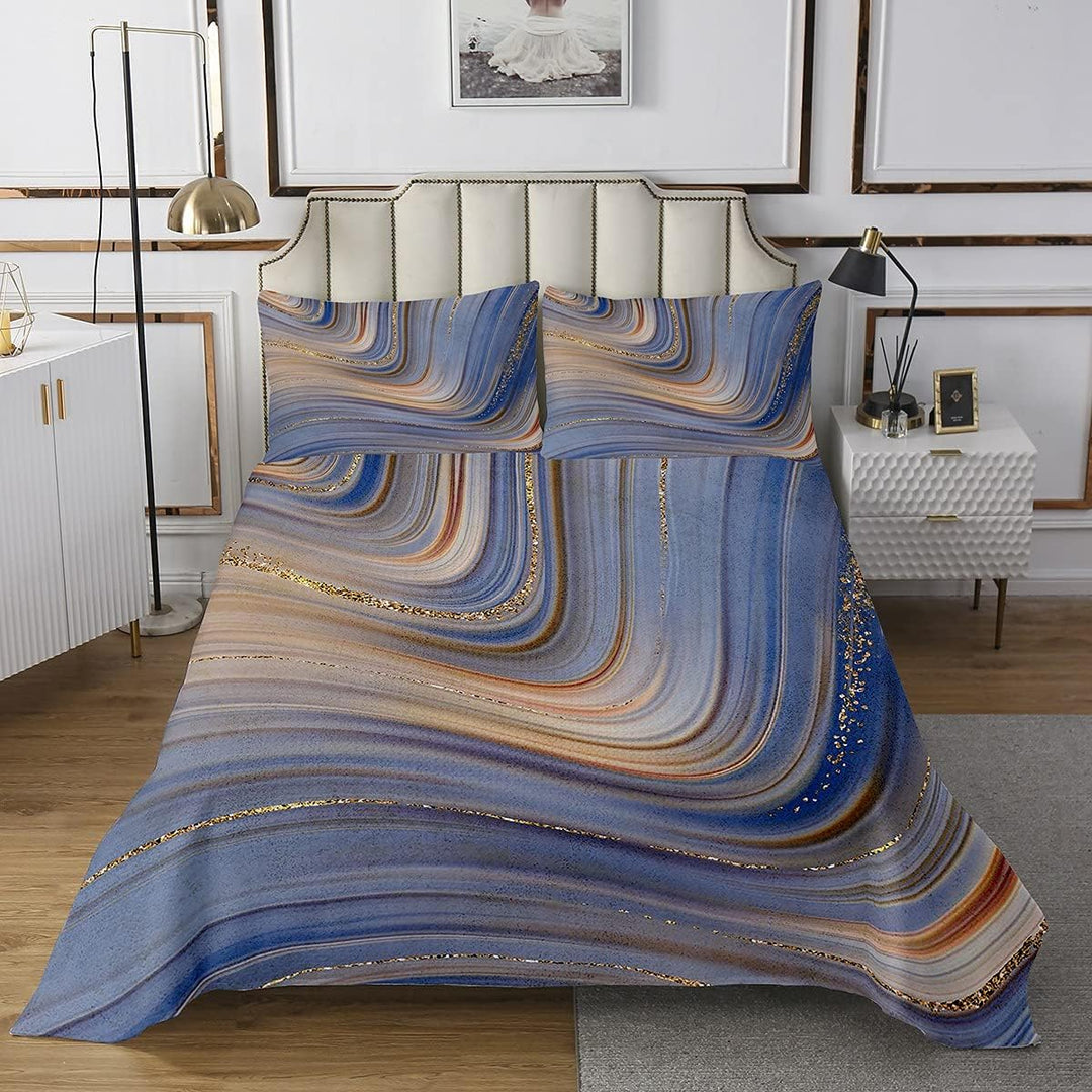 Marmor Bettdecke 240x260 Blau Marmor gesteppt Für Kinder Mädchen Frauen Goldene Steinmaserung Bronzi