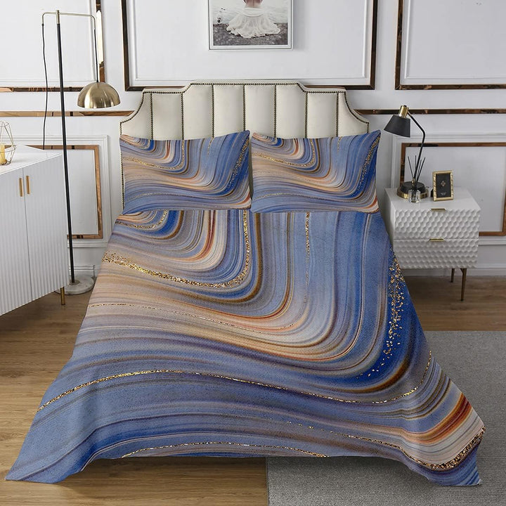Marmor Bettdecke 240x260 Blau Marmor gesteppt Für Kinder Mädchen Frauen Goldene Steinmaserung Bronzi