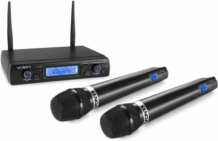 Vonyx WM62 2 kabellose Mikrofone und Empfänger - 16 UHF-Kanäle | 2 Handmikrofone, 16 UHF-Kanäle, IR-
