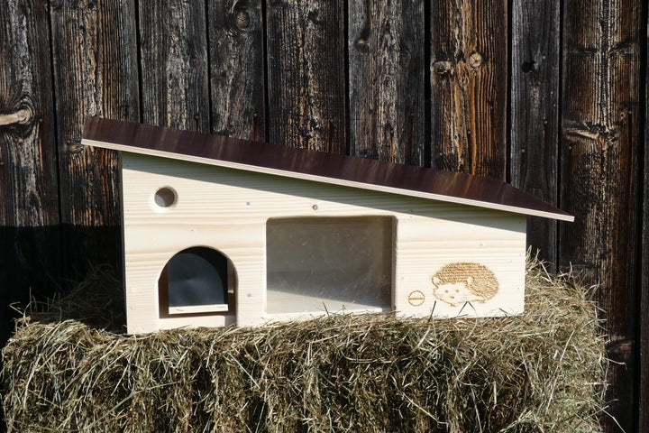 Luxus Igelfutterhaus mit Beobachtungsfenster 80cm x 40cm x 32cm Igelhotel 18mm Vollholz Witterungsbe