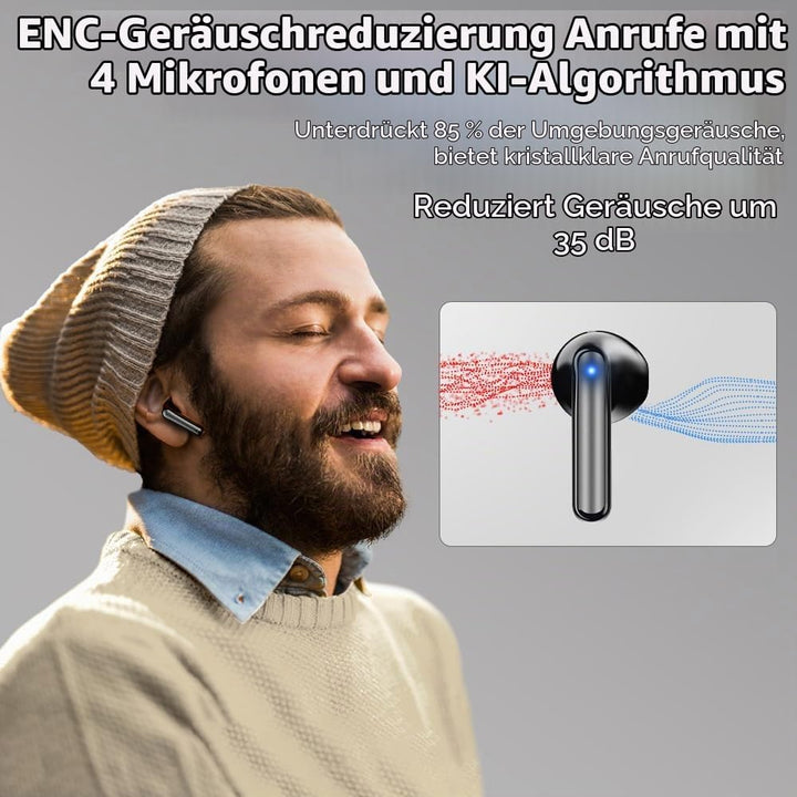 Kopfhörer Kabellos Bluetooth 5.4, In Ear mit 6 ENC Mikrofon Bluetooth Kopfhörer, 60 Std Stereo Kabel
