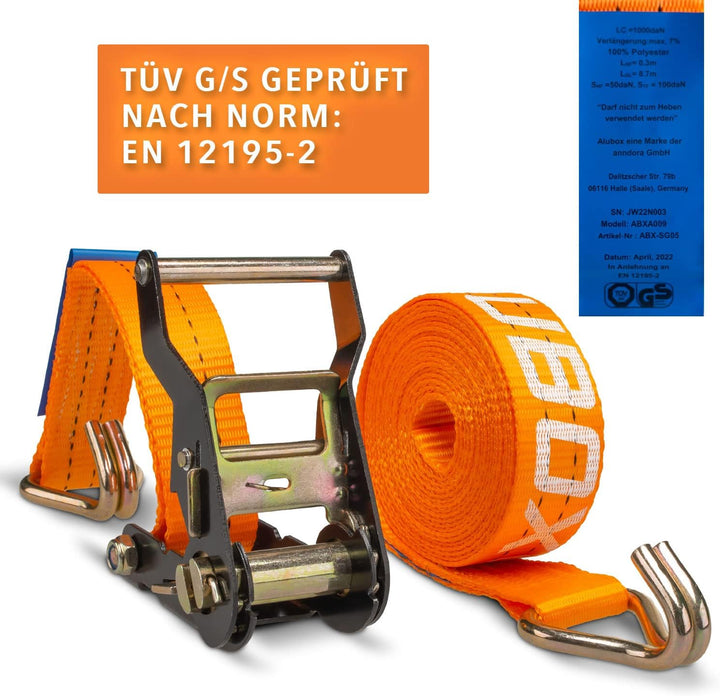 Alubox Spanngurt mit Ratsche und J-Haken 38mm breit orange Belastbarkeit 1000kg Ratschengurt TÜV G/S