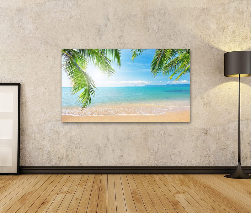 Bild auf Leinwand Palmen Und Tropischen Strand Wandbild Poster Kunstdruck Bilder Format: 100x57cm, F