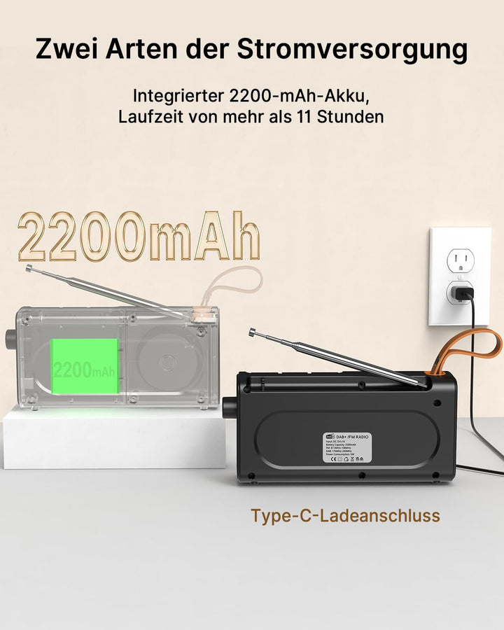 Tragbares DAB-Radio mit Bluetooth, USB wiederaufladbares FM-Radio, batteriebetriebene Digitalradios