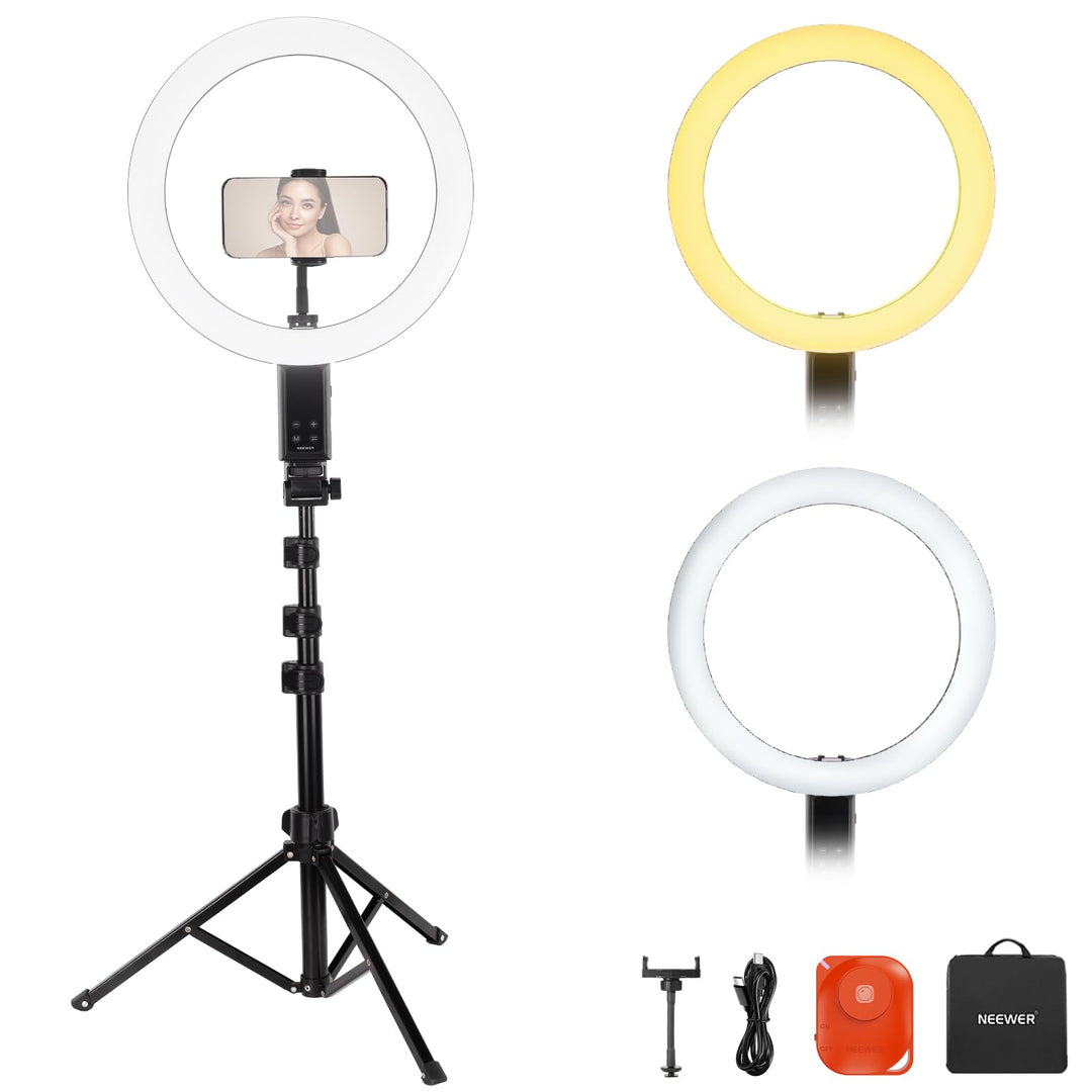 NEEWER 12" Selfie Ringlicht mit App Steuerung/Fernbedienung/Stativ, 3200mAh, zweifarbige LED, CRI 95