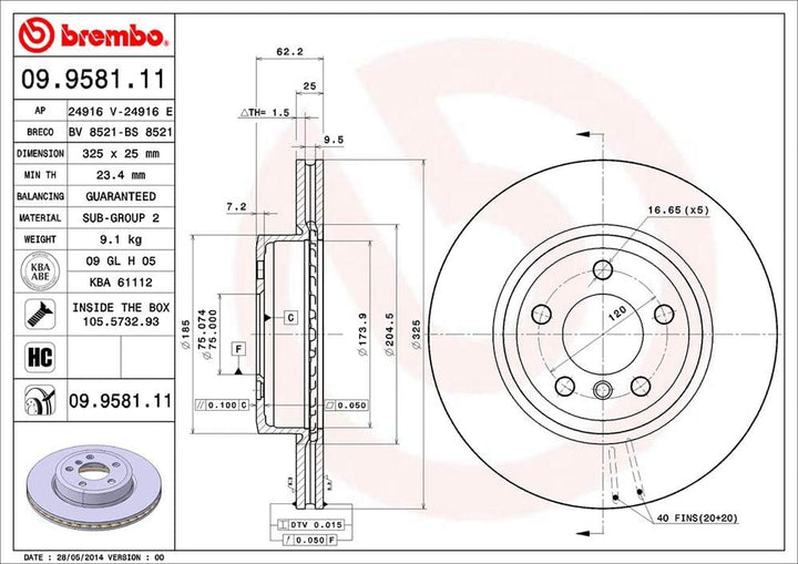 Brembo 09.9581.11 Vordere Bremsscheibe mit UV Lackierung