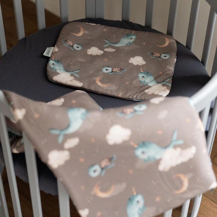 Waldin Baby Kinder Bettwäscheset 100% Bambus, ohne Bezug, Hypoallergen, Decke und Kissen, Wale/Braun