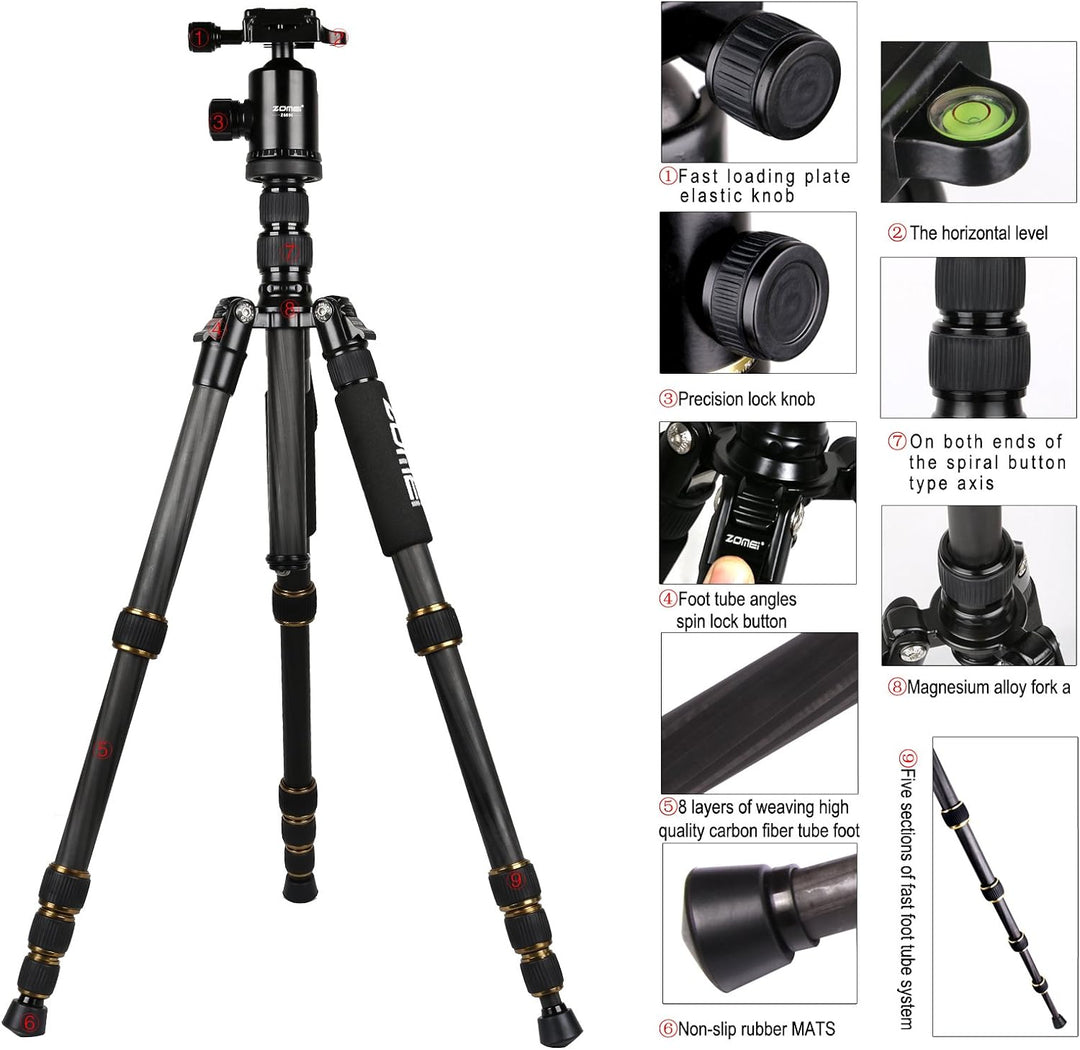 ZOMEI Z699C Kohlefaser Portable Stativ mit Kugelkopf Compact Travel für Canon, Sony, Nikon, Samsung,