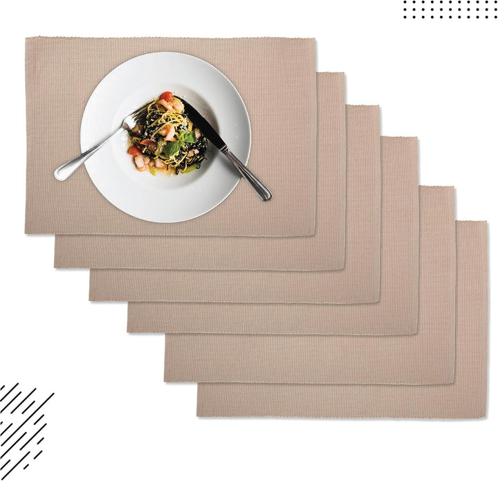 Encasa XO Platzsets Esstisch Set von 6 | Solide Beige | Fein gerippte Baumwoll-Tischunterlage | Grös