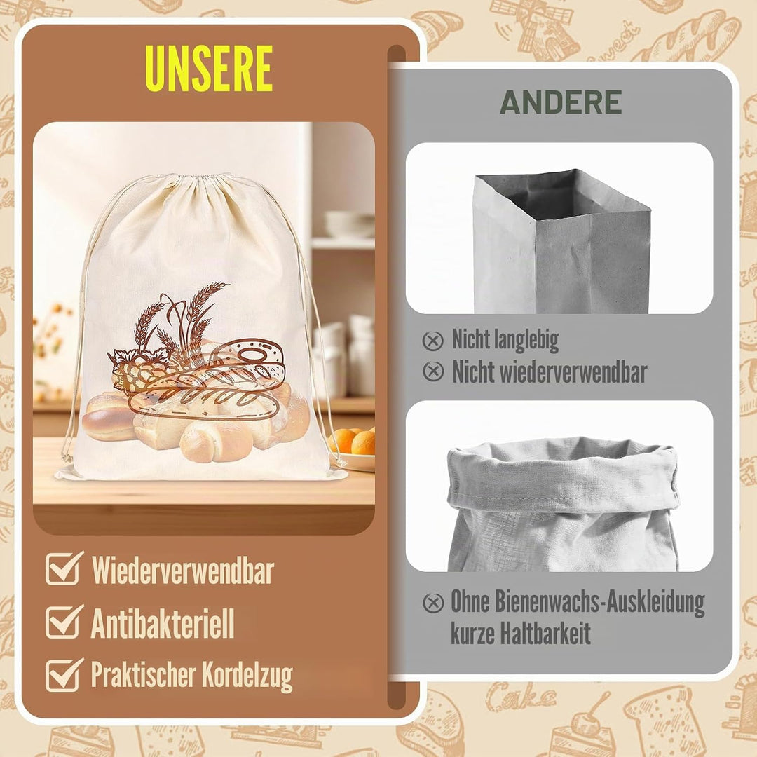 2 Stück 43 * 32,5cm Brotbeutel mit Bienenwachstuch Innenfutter Wiederverwendbare Brottüten Brot Obst