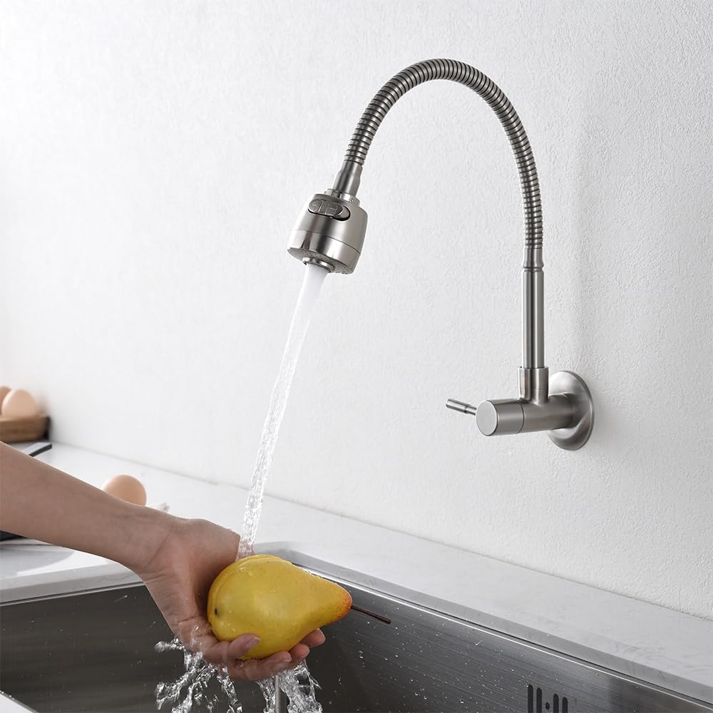 HOMELODY Wasserhahn Küche Wandmontage nur Kaltwasser Armatur Wandarmatur 360° Schwenkbar Doppelfunkt