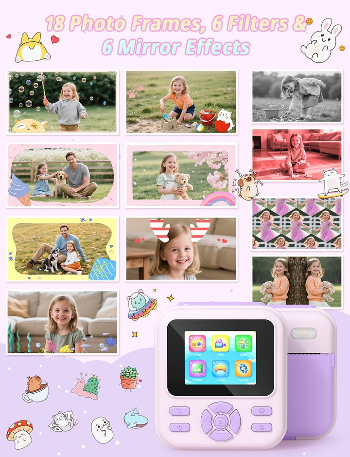 YOHOOLYO Sofortbildkamera Kinder 2,4 Zoll 1080P HD Kinderkamera mit 3 Rollen Druckpapier 32GB Karte