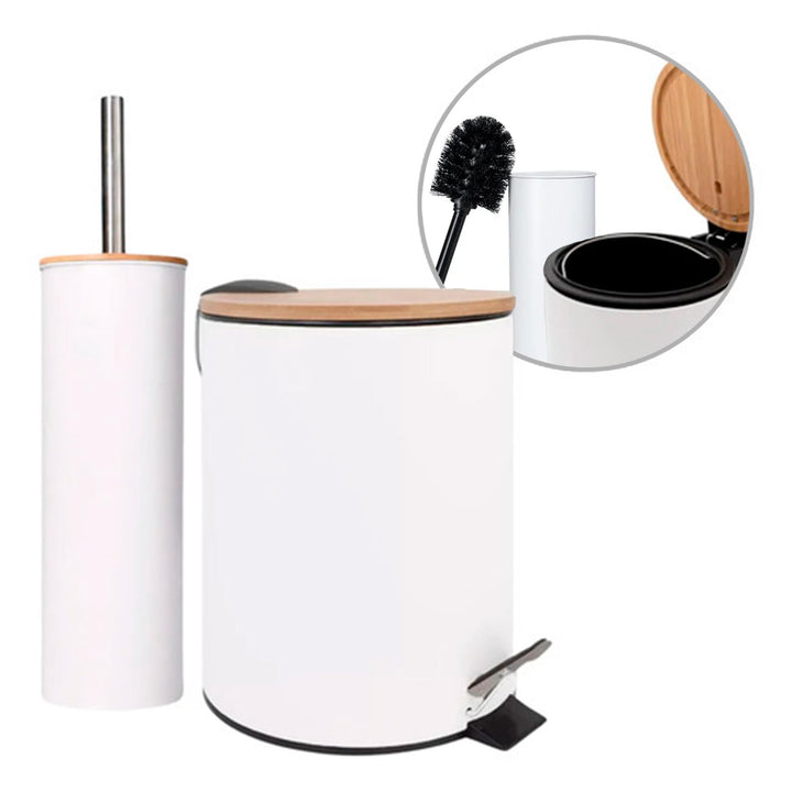 Amig - Set aus Mülleimer und WC-Bürstenhalter Naturline - Ø168 x 230 mm - Edelstahl und Bambus - Far