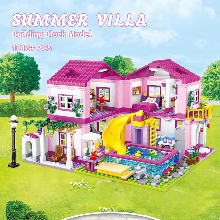 CSNRHG Rosa Sommer Pool Villa Baustein Set Freunde BAU Bildungs 1018 Stück Geschenke Erwachsene Alte