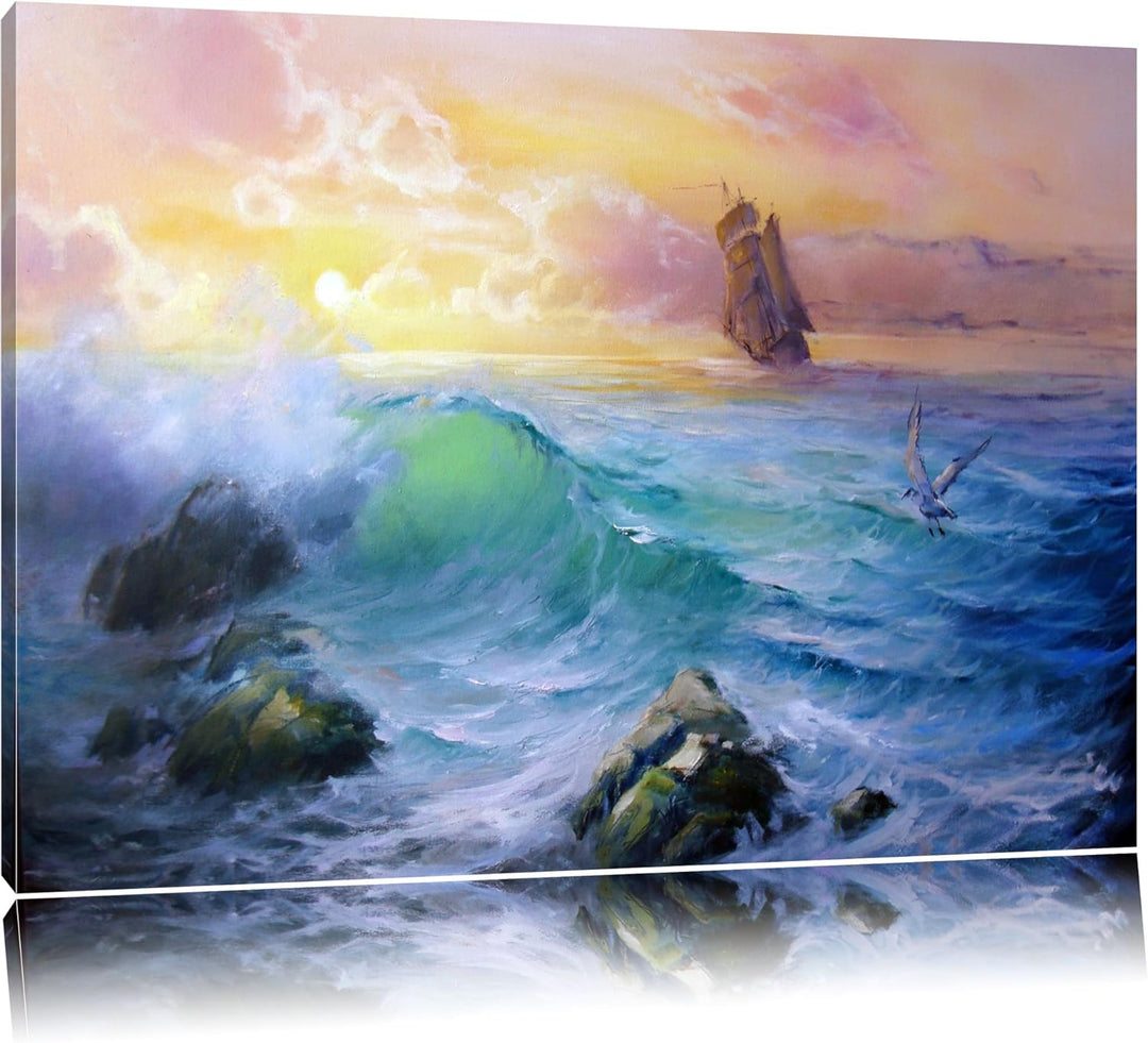 Sturm überm Meer Kunst Format: 100x70 auf Leinwand, XXL riesige Bilder fertig gerahmt mit Keilrahmen