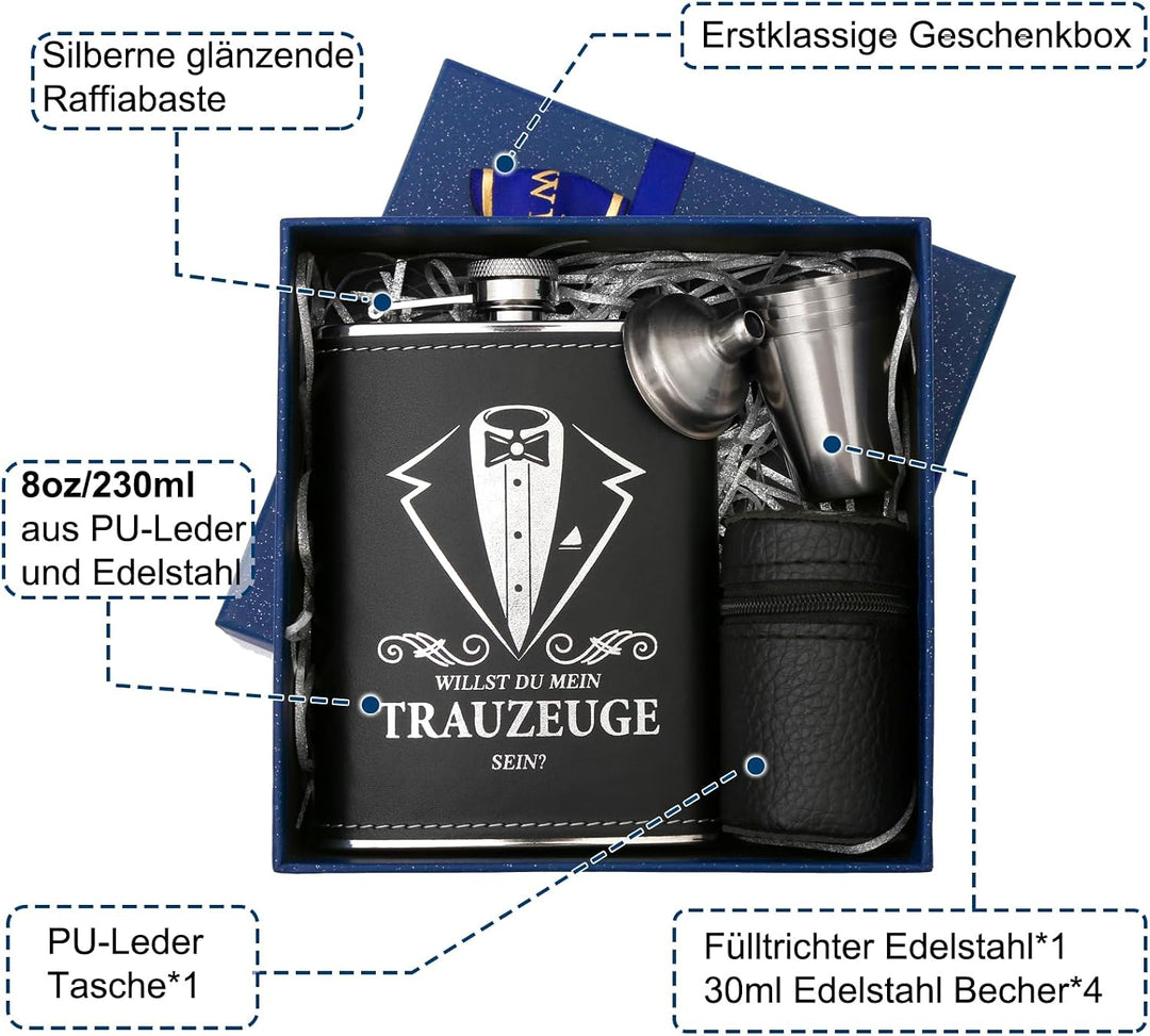 LILABIENE Flachmann Trauzeugen Geschenk Set mit Gravur 304 Edelstahl 230ml, Trauzeuge