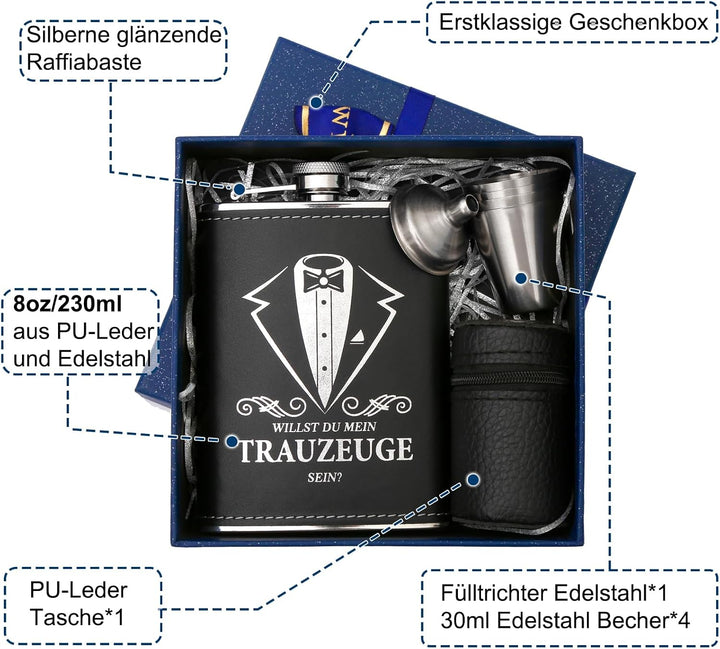 LILABIENE Flachmann Trauzeugen Geschenk Set mit Gravur 304 Edelstahl 230ml, Trauzeuge
