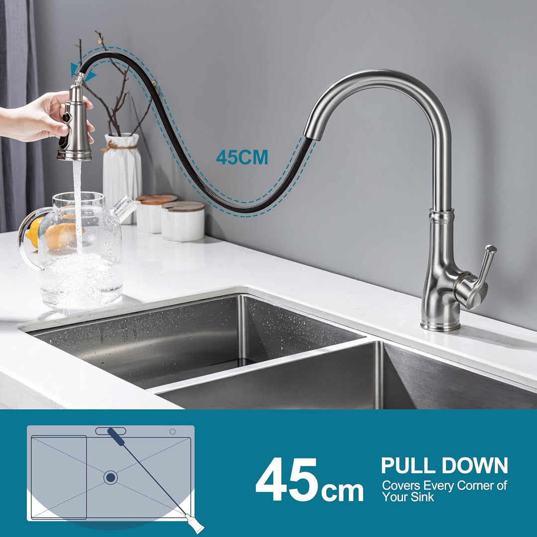 Wasserhahn Küche, Hochdruck Küchenarmatur mit Brause Ausziehbar, Mischbatterie Küche mit 3 Strahlart