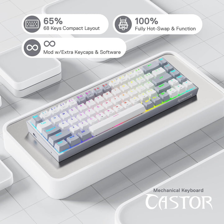 Redragon K631 Gery 65% Kabelgebundene RGB-Gaming-Tastatur, 68 Tasten, Hot-swap-fähige Kompakte Mecha