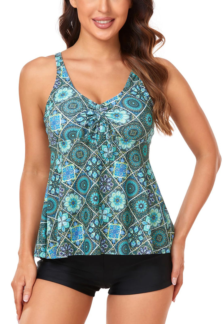 OAMENXI Damen zweiteilig Badeanzug Push up Bademoden Tankini Set mit Hot Pants Drucken Badeanzüge Bi