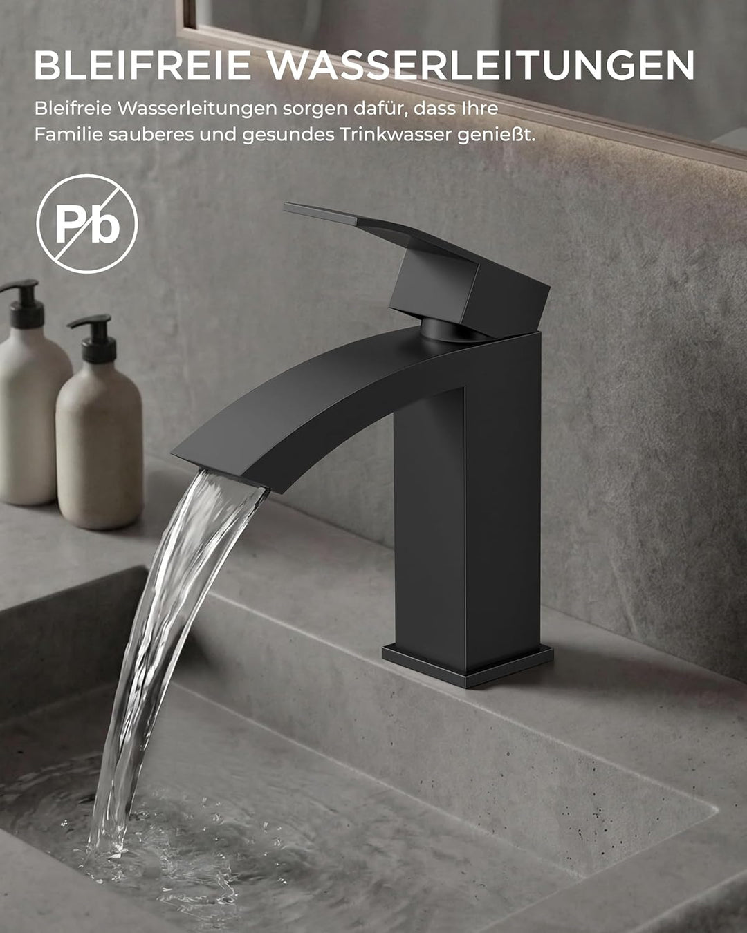 FORIOUS Wasserhahn Bad Schwarz, Wasserfall Waschtischarmatur mit Auslauf Höhe 100 mm, Mischbatterie