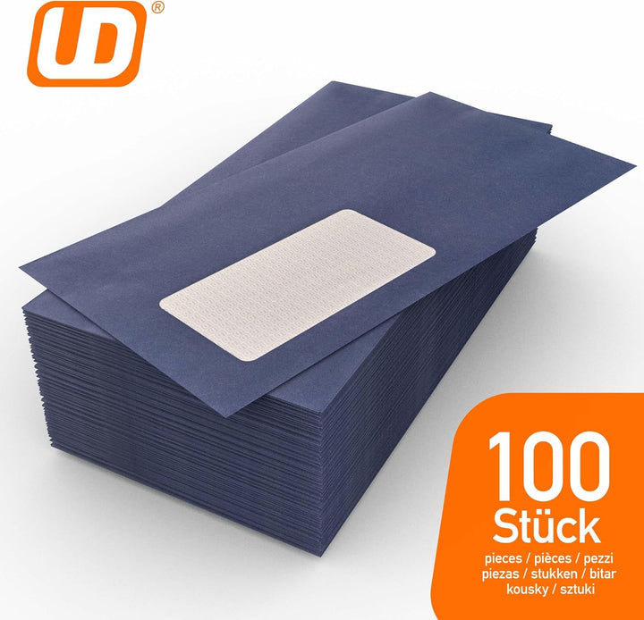 100 Fensterumschläge, Azur, Königsblau, Dunkelblau, DIN lang = 220 x 110 mm, Haftklebestreifen, Brie