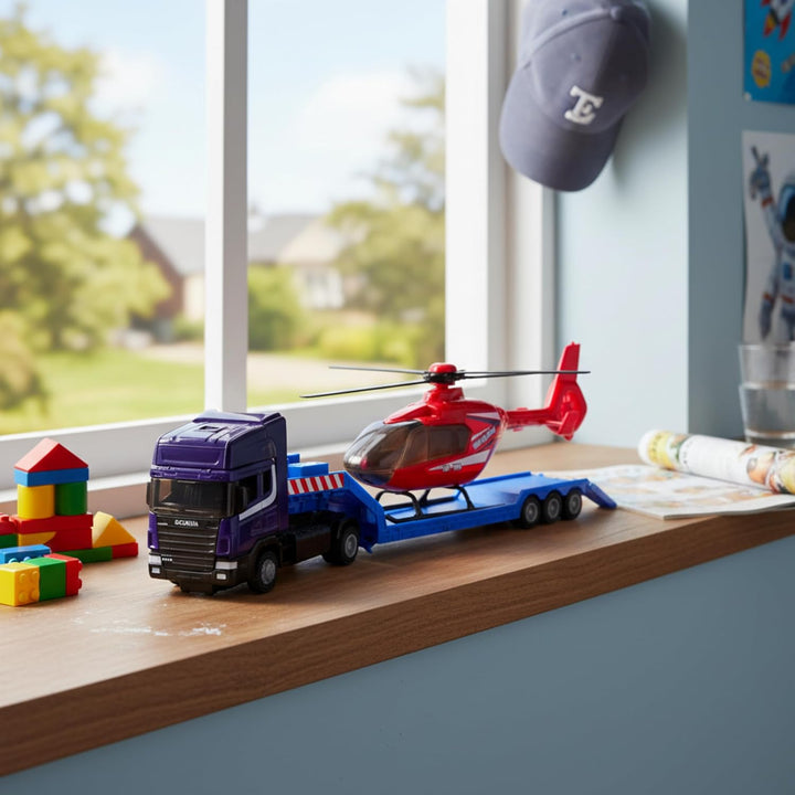 Toyland® Scania Pritschenschlepper mit Hubschrauber - Massstab 1:48 - Freilauf - Transportspielzeugs