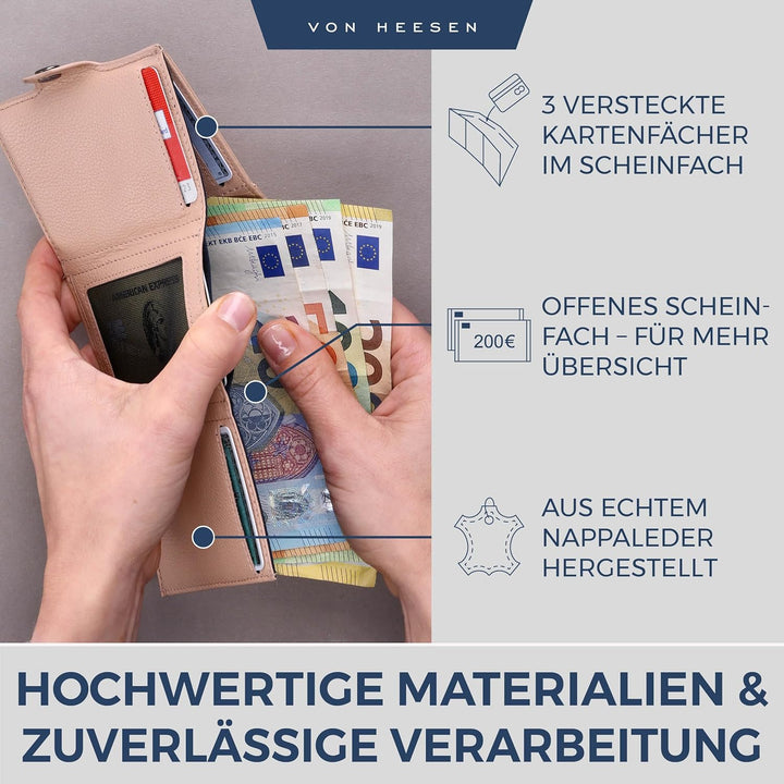 VON HEESEN Slim Wallet mit XL Münzfach Rose Rose XL MÜNZFACH (Kartenslot), Rose XL MÜNZFACH (Kartens