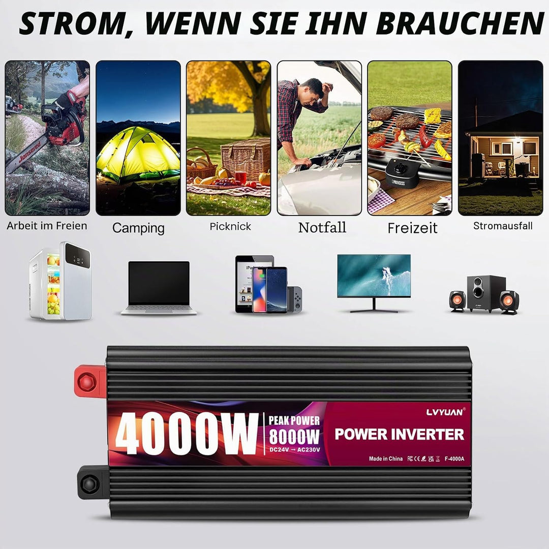 LVYUAN Wechselrichter 24V 230V 4000W /8000W Konverter Spannungswandler mit Kabelloser Fernbedienung,