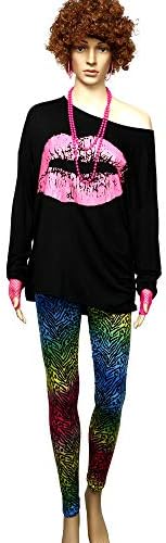 80er Jahre Damen Kostüm Set, T Shirt, Legging Hose Ohrring Halskette Handschuhe Armband(Lange Ärmel