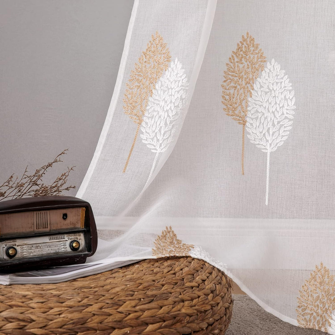 MIULEE Vorhänge mit Braun und Weiss Blätter Muster, Stickerei Vorhang Transparent, Ösen Gardinen Für