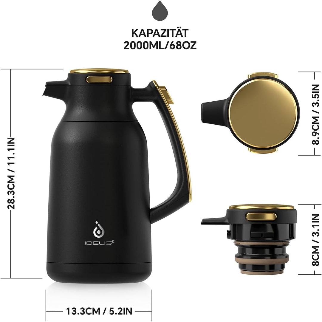 IDEUS® Thermoskanne 2l, Edelstahl Doppelwandige Kaffeekanne Vakuumisolierung Isolierkanne Warmhaltek