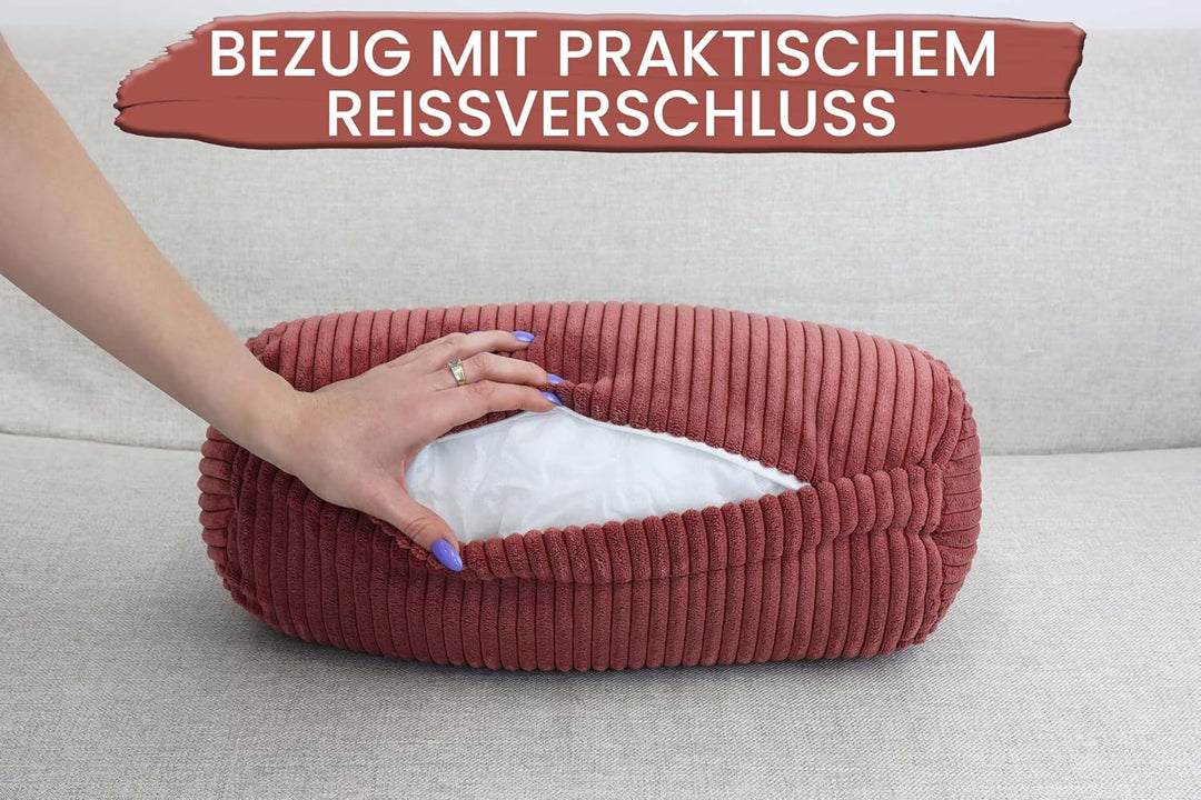 Amilian Nackenrolle mit Bezug 40x15 cm – Cord Kissen mit Füllung – Waschbar – Für Erwachsene & Kinde